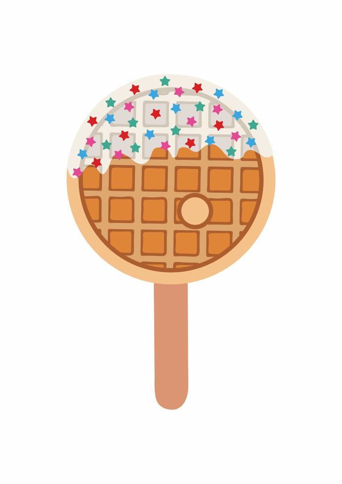 Sweet food and dessert food, vector illustration of golden brown homemade corn dog or hot dog waffle on a stick in various flavors decorations and white chocolate. Letter O.