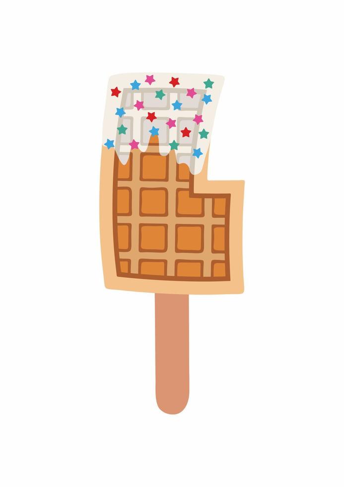 Sweet food and dessert food, vector illustration of golden brown homemade corn dog or hot dog waffle on a stick in various flavors decorations and white chocolate. Letter L.