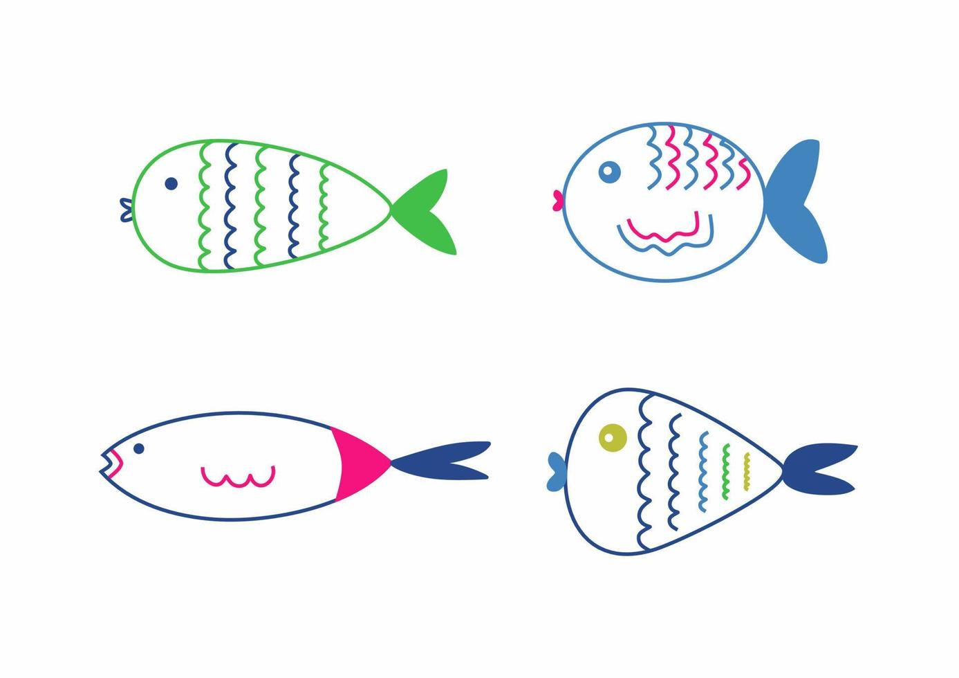 Doodle hand drawn different fishes. Cartoon style. Colorful lines. Isolated on white background. vector