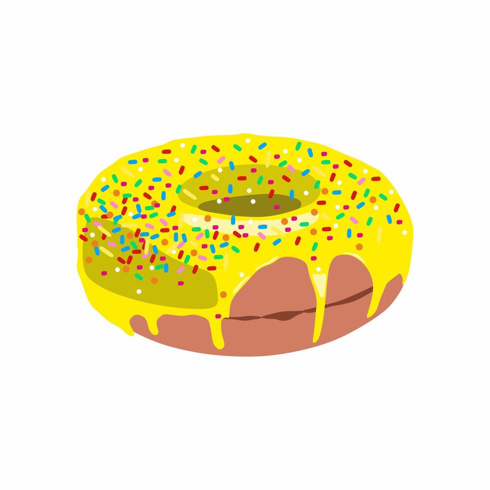 Vector donut with yellow chocolate or glaze. Donut icon. Sweet dessert. Fast food. Food object icon concept isolated. Glazed round cake.
