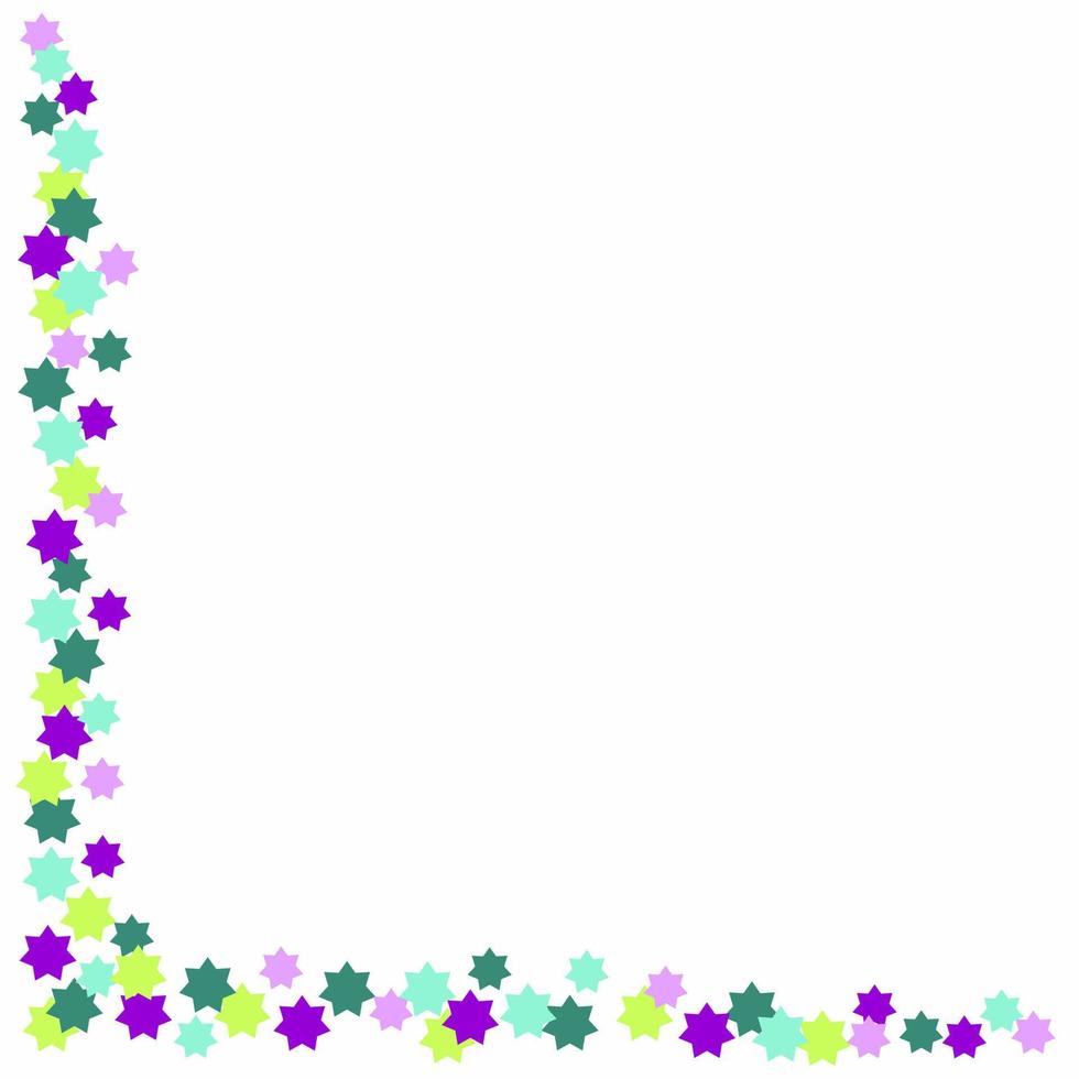 Confetti stars. Violet, blue, green colors. Empty space for text. Frame or border. Square shape. White background vector