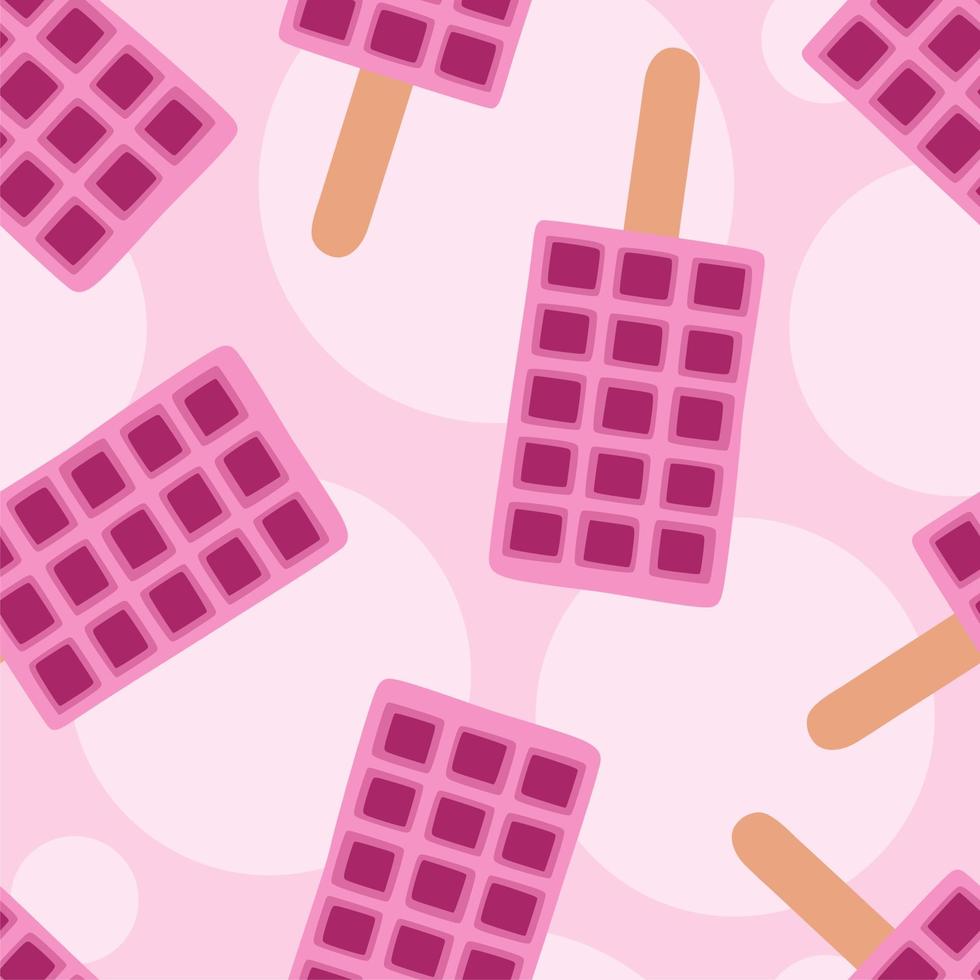 Sweet food and dessert food, vector illustration of homemade corn dog or hot dog waffle on a stick. Magenta color. Pink or violet. Seamless pattern. Wrapping paper, print, textile, fabric.