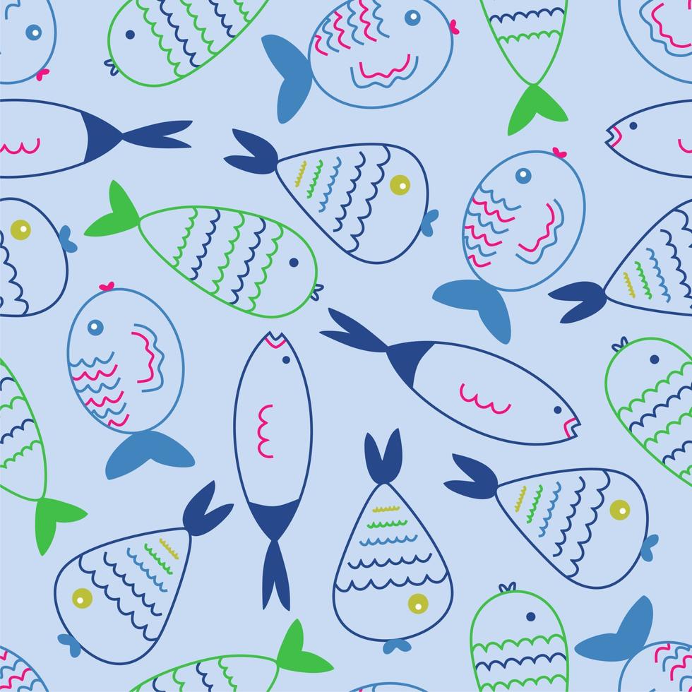 Doodle hand drawn different fishes on seamless background. Cartoon style. Colorful lines. Pattern. Light blue background. Wrapping paper, print, textile, fabric. vector