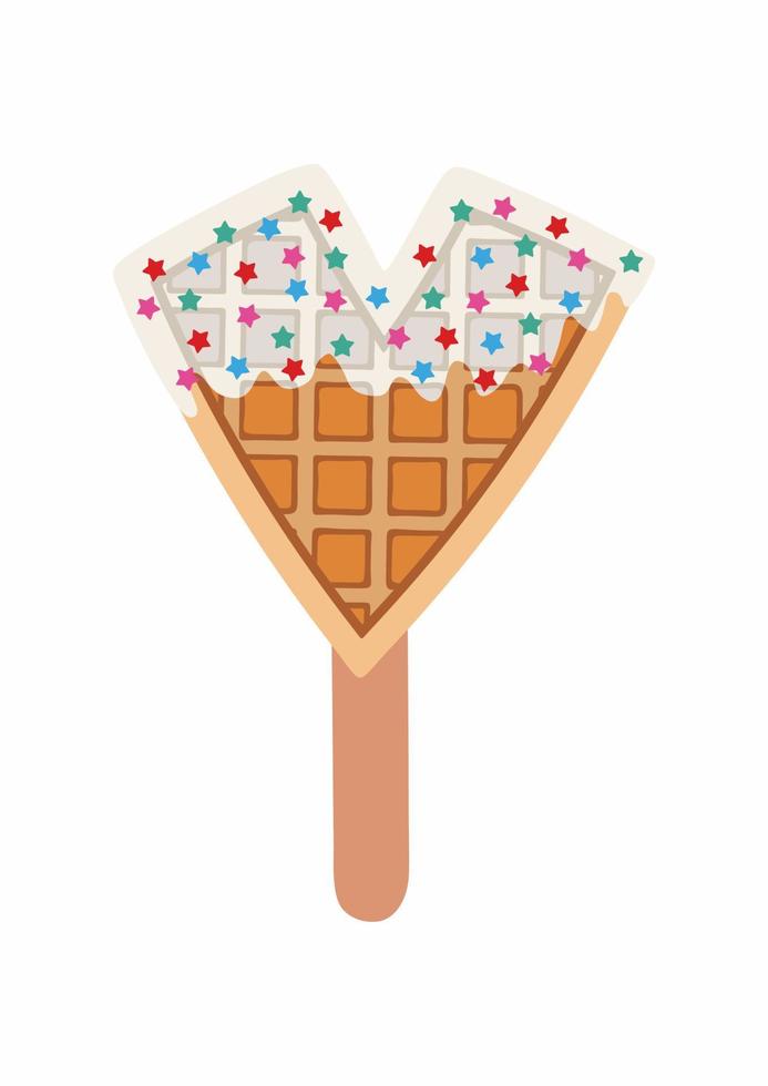 Sweet food and dessert food, vector illustration of golden brown homemade corn dog or hot dog waffle on a stick in various flavors decorations and white chocolate. Letter V.