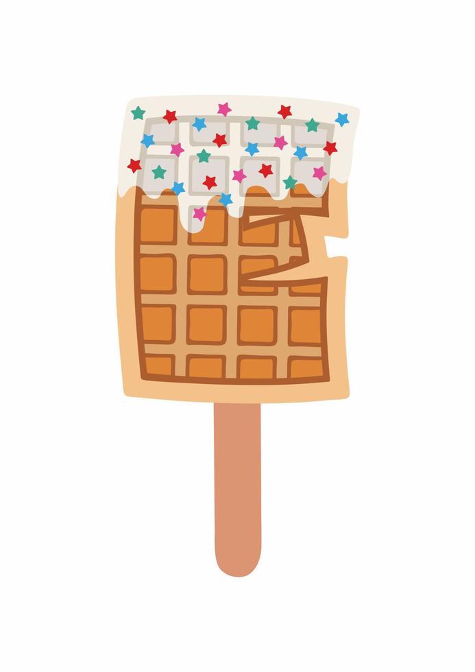 Sweet food and dessert food, vector illustration of golden brown homemade corn dog or hot dog waffle on a stick in various flavors decorations and white chocolate. Letter E.