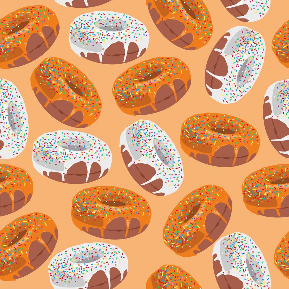 Vector donuts with orange, white chocolate or glaze. Seamless pattern. Donut icons. Sweet desserts. Fast food objects icons isolated. Glazed round cakes. Print, textile, fabric, wrapping paper.