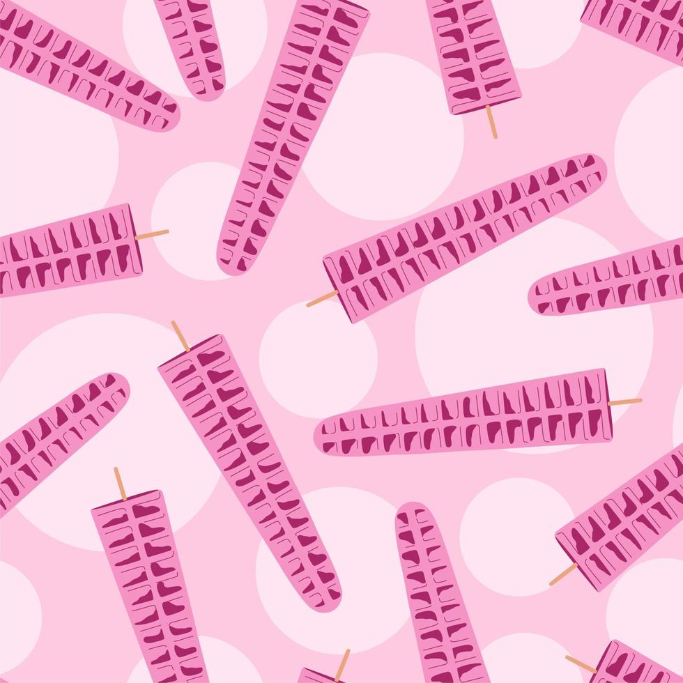 Sweet food and dessert food, vector illustration of homemade corn dog or hot dog waffle on a stick. Magenta color. Pink or violet. Seamless pattern. Wrapping paper, print, textile, fabric.