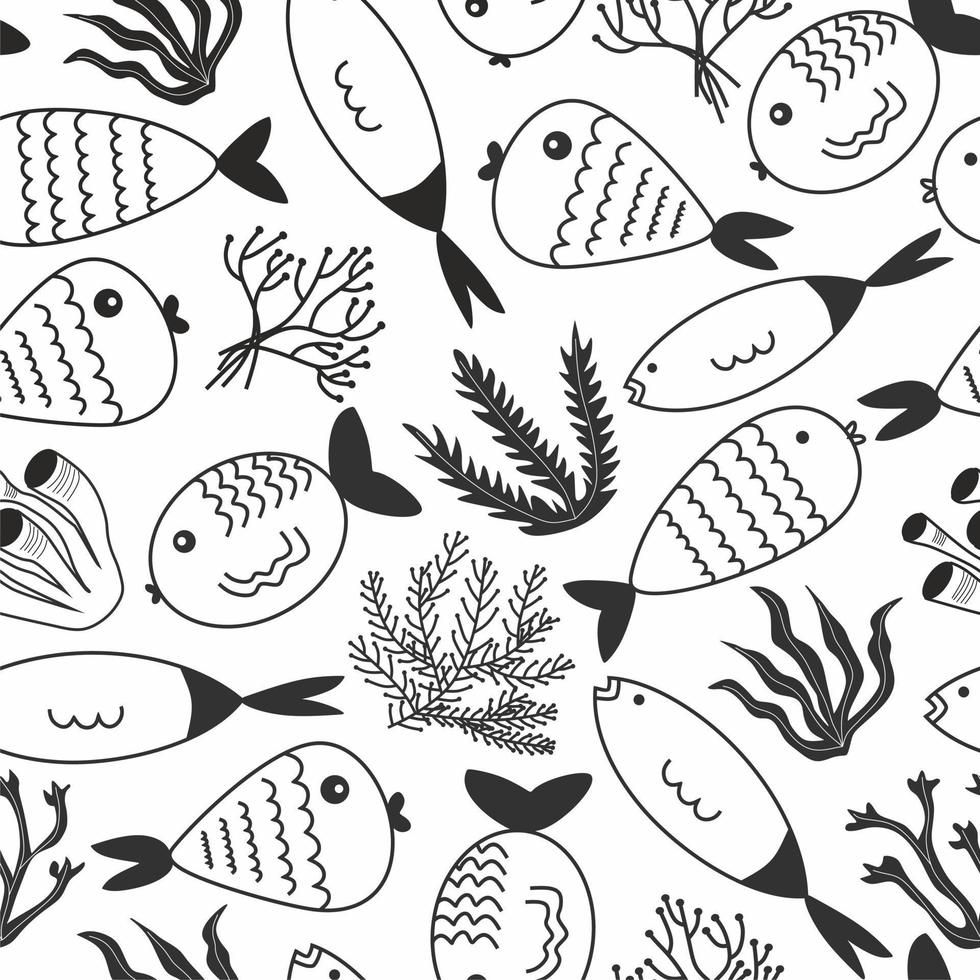 Doodle hand drawn different fishes and seaweeds on seamless background. Cartoon style. Monochrome lines. Pattern. White background. Wrapping paper, print, textile, fabric. vector