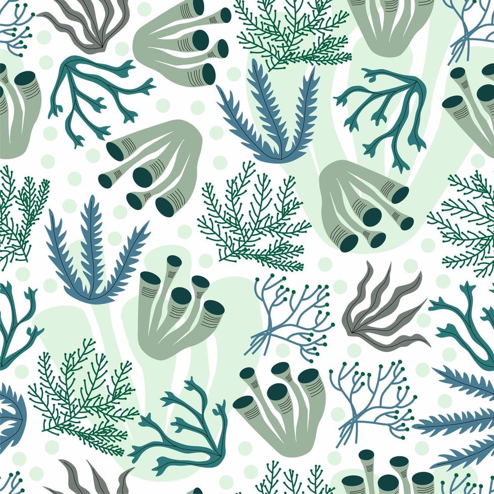 Vector hand drawn coral seamless pattern. Underwater seaweeds. Wrapping paper, print, textile, fabric. Wildlife. Nature. Sea, ocean, lake background.