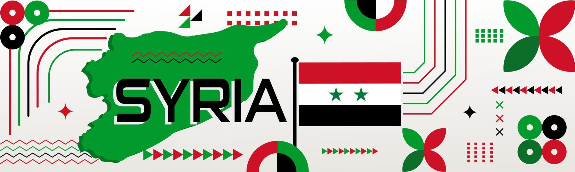 Syria national day banner with map, red, white, black,green flag color theme background and abstract geometric design. Syrian independence day theme. White background Vector illustration