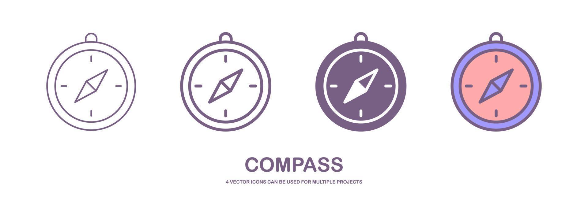 Four different styles of compass vector icons that can be used for many projects, like web design, app etc. which is isolated on a white background.