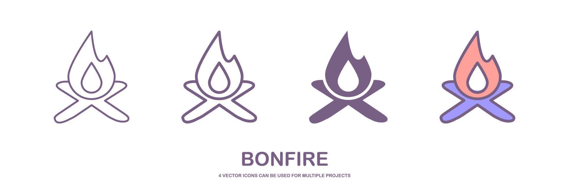 Vector cartoon illustration of burning bonfire with wood. Fire wood and campfire icon isolated on white background for web, print, decoration, bonfire night.