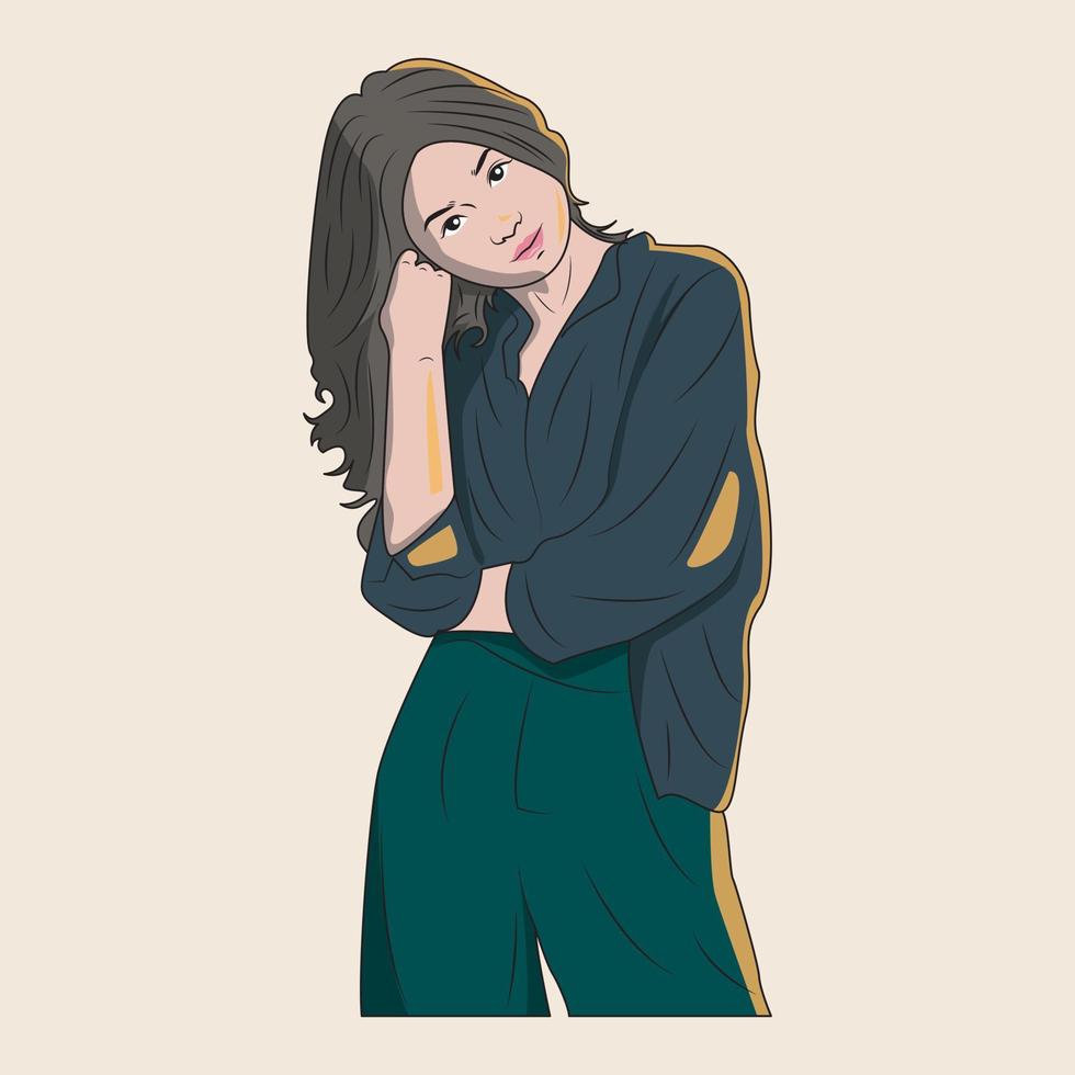 vector cartoon woman in relaxed style with long hair