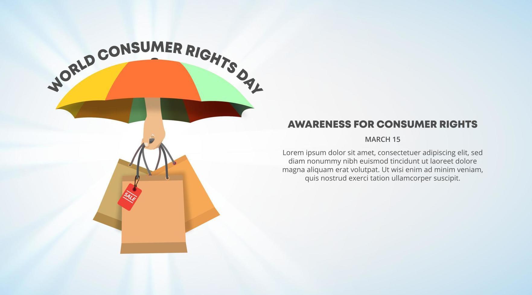mundo consumidor derechos día antecedentes con mano participación compras bolso y paraguas vector