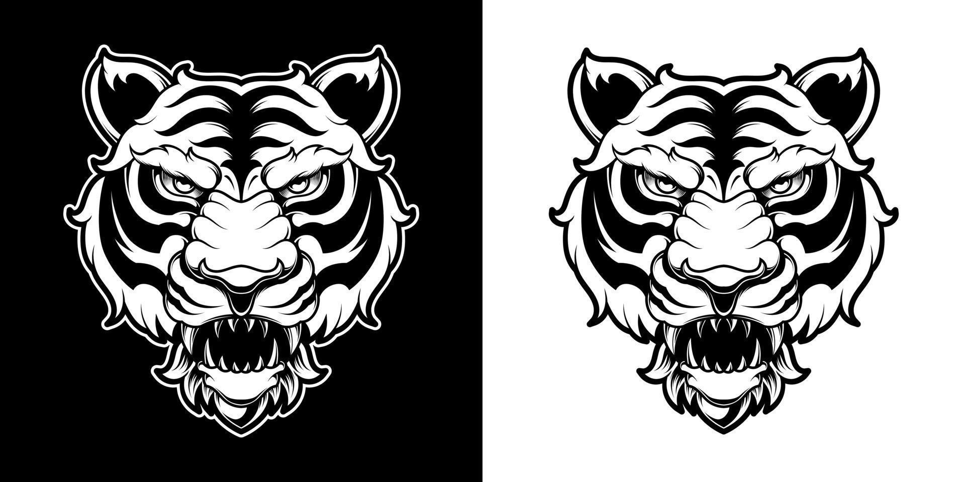 BLACK AND WHITE TIGER HEAD LOGO ILLUSTRATION vector