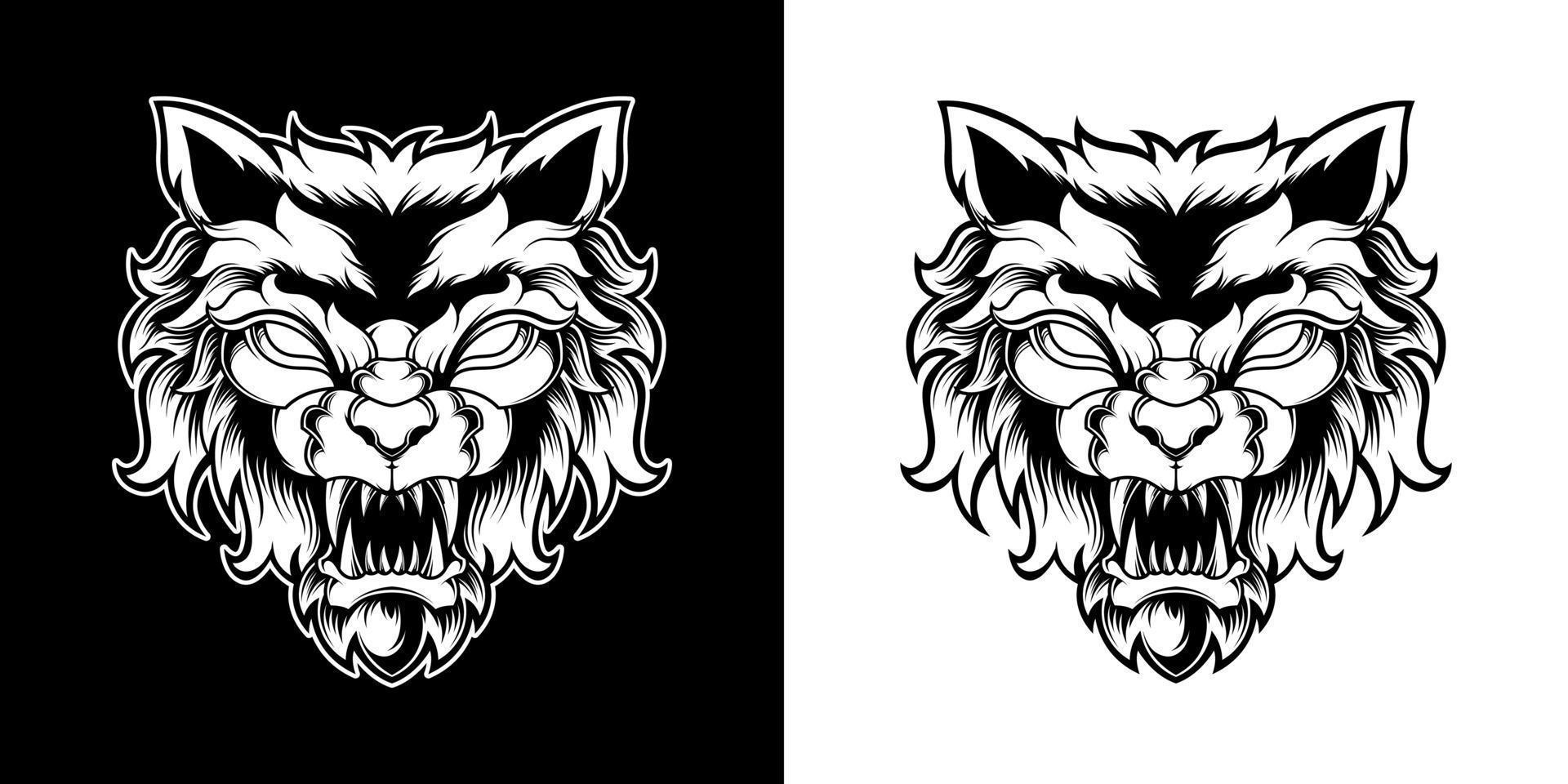 BLACK AND WHITE WOLF HEAD LOGO ILLUSTRATION vector