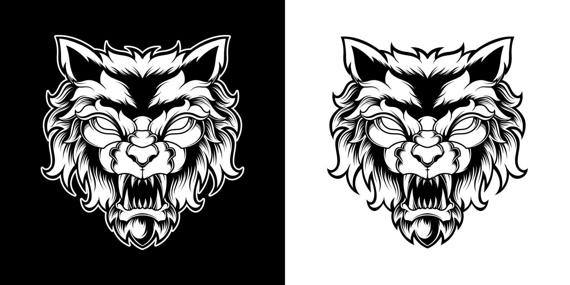 BLACK AND WHITE WOLF HEAD LOGO ILLUSTRATION vector