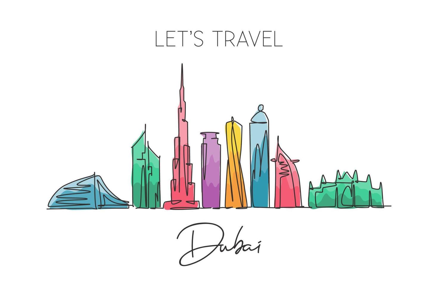 dibujo de una sola línea del horizonte de la ciudad de dubai, emiratos árabes unidos. paisaje histórico postal art. mejor destino de vacaciones. ilustración de vector de diseño de dibujo de línea continua de moda de trazo editable