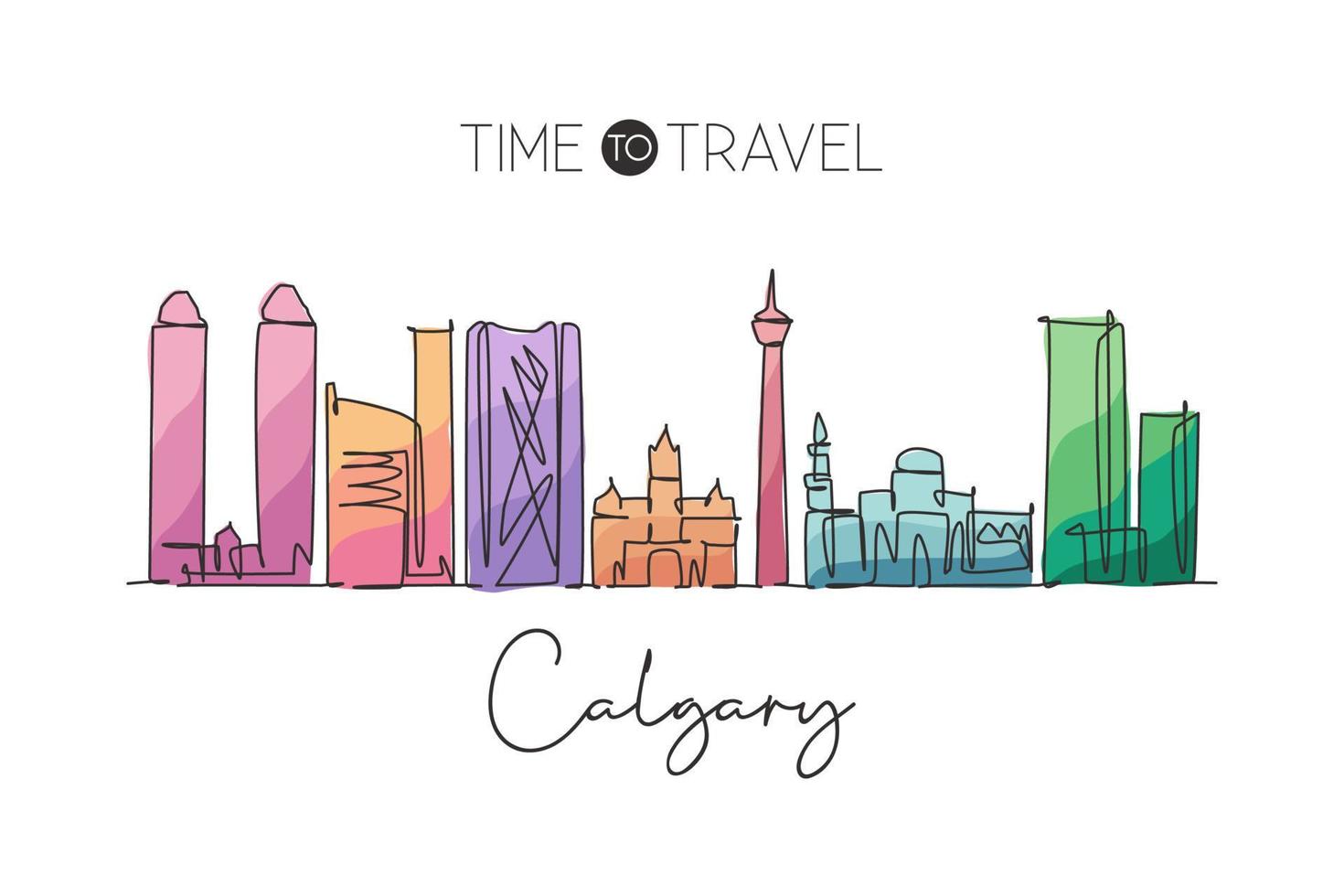 Single continuous line drawing of Calgary city skyline, Canada. Famous city scraper landscape home wall decor poster. World travel destination concept. Modern one line draw design vector illustration