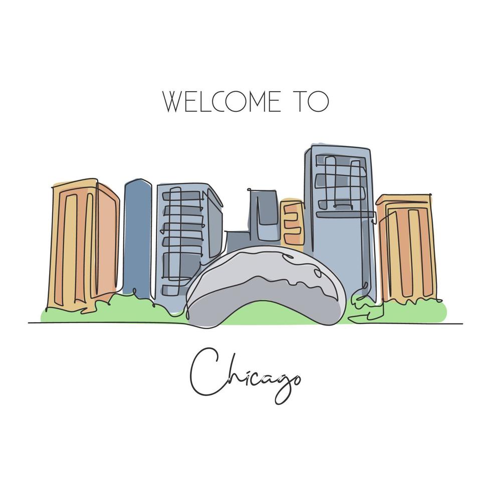 Depok, Indonesia - August 6, 2019- One single line drawing Cloud Gate skyline landmark. World famous place in Chicago, USA. Tourism travel postcard wall decor poster print concept. Vector illustration