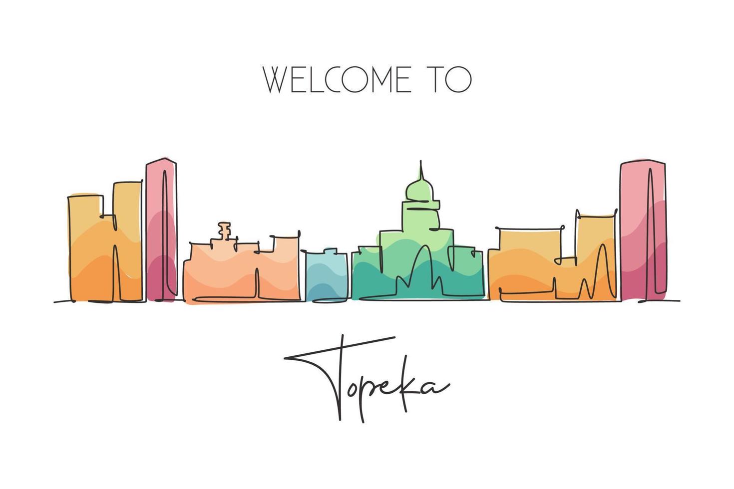 One continuous line drawing of Topeka city skyline, Kansas. Beautiful landmark. World landscape tourism travel home wall decor poster print. Stylish single line draw graphic design vector illustration