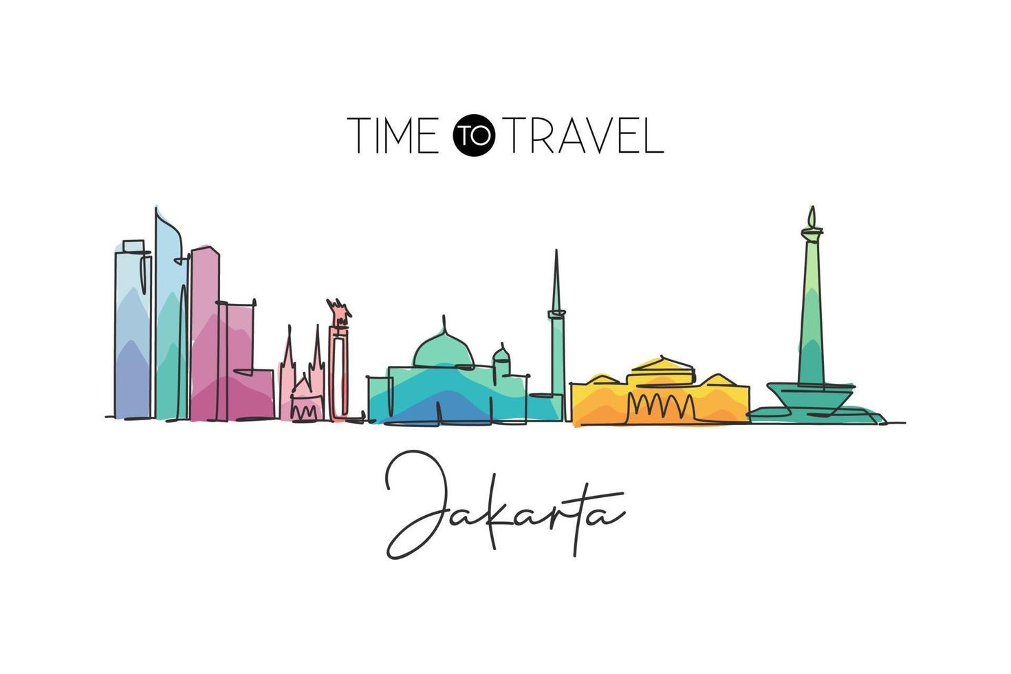 un dibujo de línea continua del horizonte de la ciudad de Yakarta, Indonesia. hermoso hito. cartel de vacaciones de viaje de turismo de paisaje mundial. Ilustración de vector de diseño de dibujo de una sola línea de trazo elegante editable