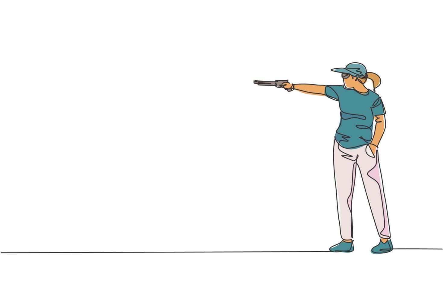 dibujo de una sola línea continua de una joven atleta tiradora sosteniendo un arma y entrenando para apuntar al tiro táctico. concepto de entrenamiento deportivo de tiro. ilustración de vector de diseño de dibujo de una línea de moda