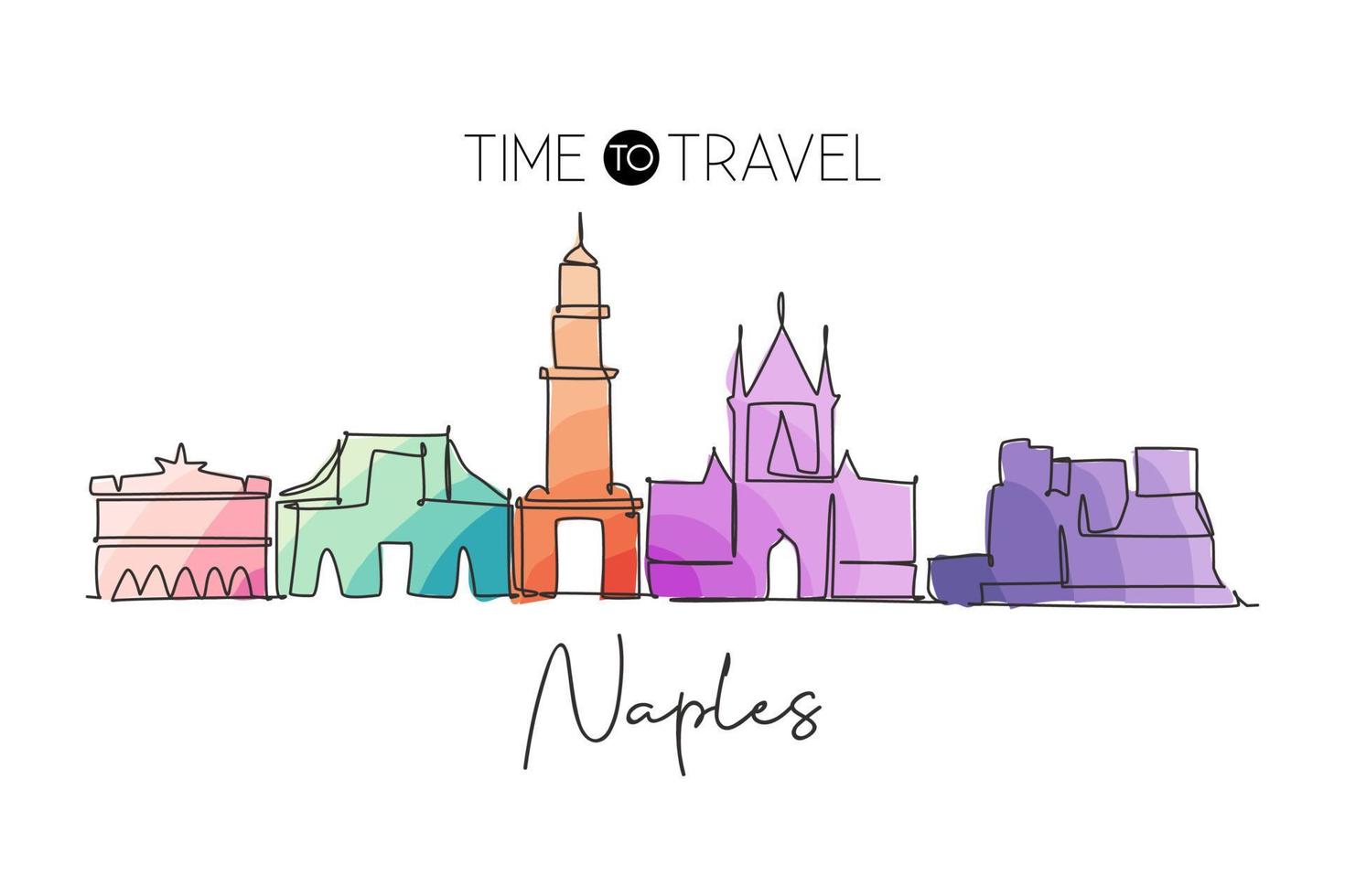 Single continuous line drawing of Naples city skyline, Italy. Famous city skyscraper landscape. World travel home wall decor poster print art concept. Modern one line draw design vector illustration