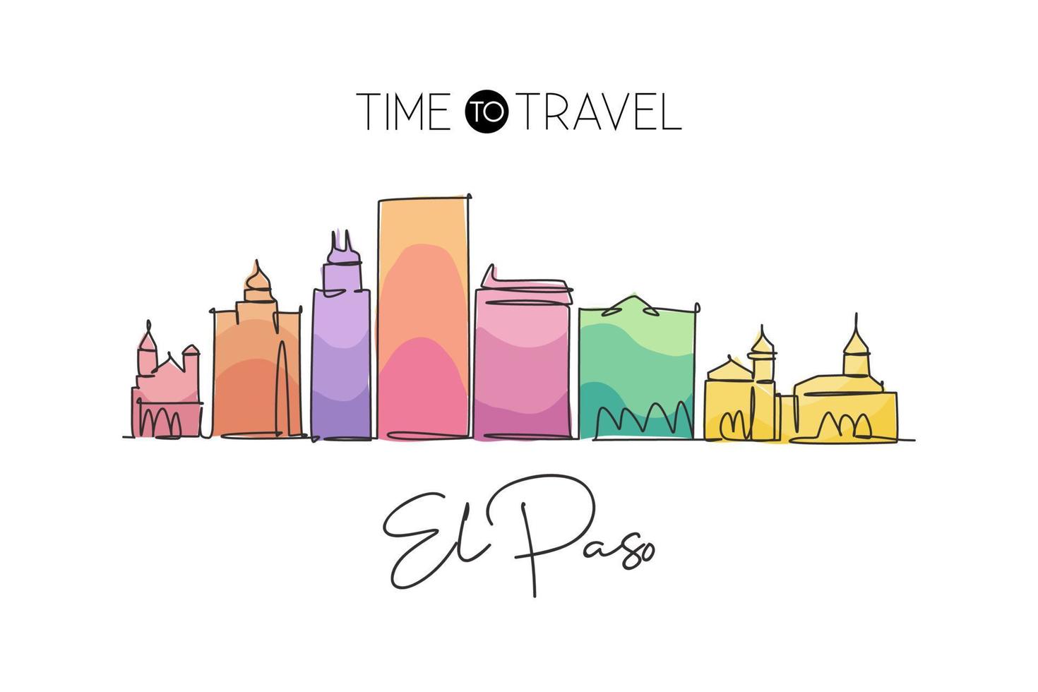 Single continuous line drawing of El Paso city skyline, Texas. Famous city scraper and landscape in world. World travel concept poster. Editable stroke modern one line draw design vector illustration