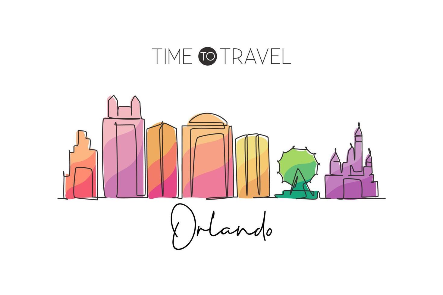 One single line drawing of Orlando city skyline, Florida. Historical town landscape in the world. Best holiday destination. Editable stroke trendy continuous line draw design vector illustration