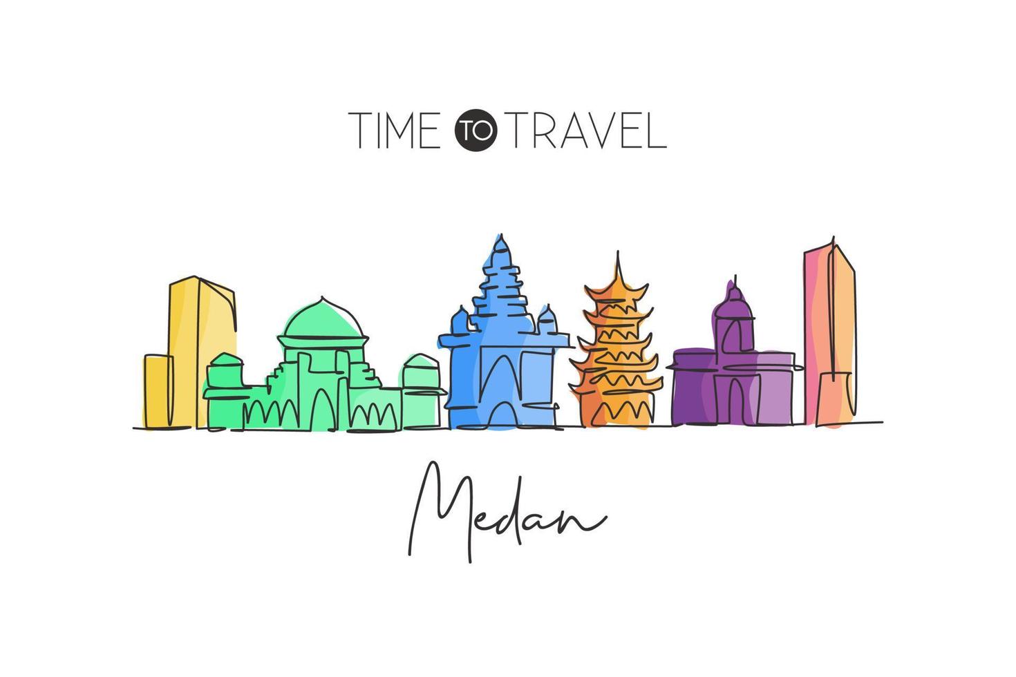One continuous line drawing Medan city skyline Indonesia. Beautiful city landmark home decor wall art poster print. World landscape tourism travel vacation. Single line draw design vector illustration