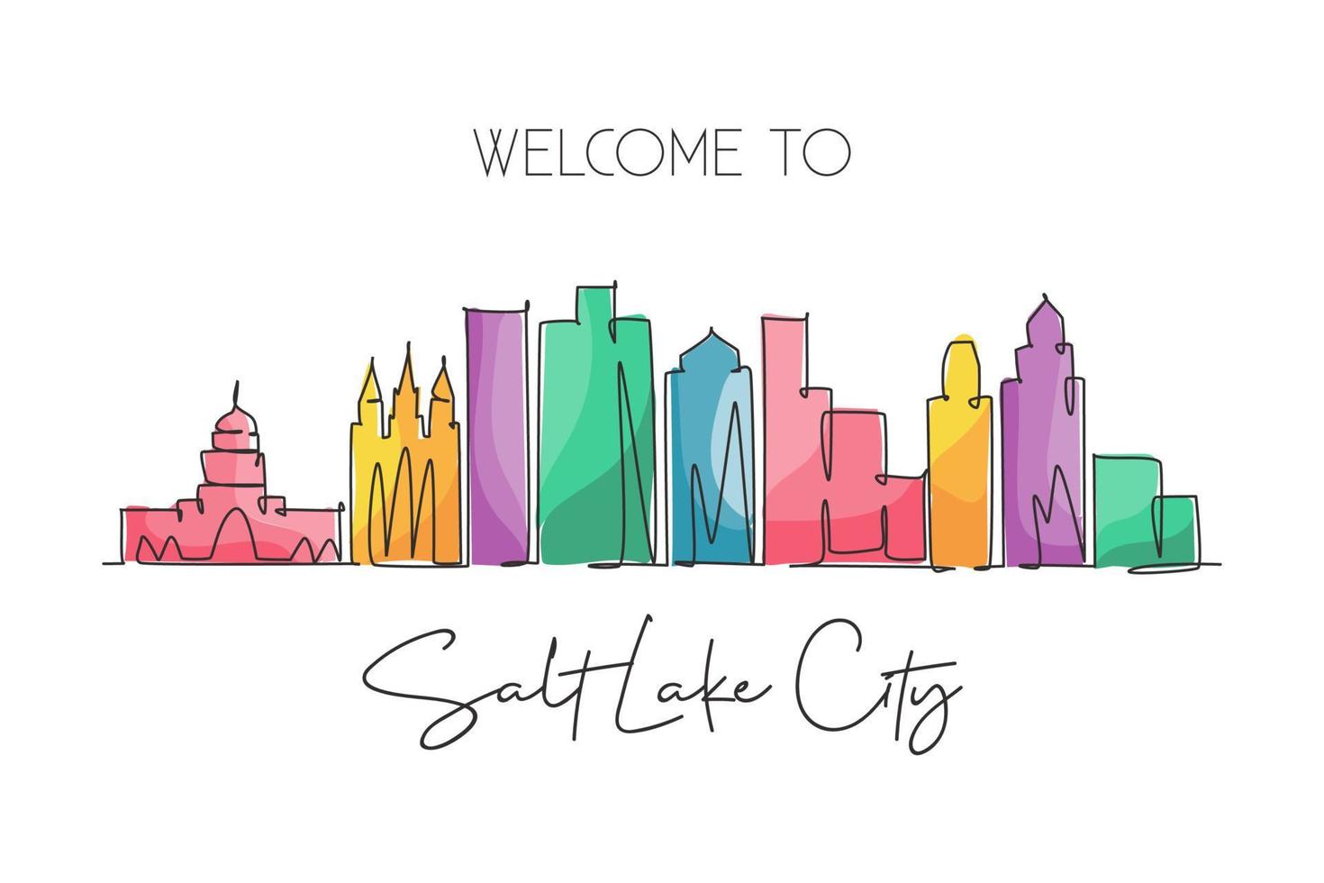 One single line drawing visit Salt Lake City skyline, Utah. World beauty town landscape art. Best holiday destination postcard. Editable stroke trendy continuous line draw design vector illustration