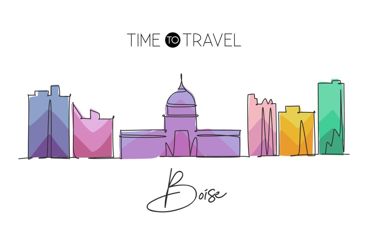 un dibujo de línea continua del horizonte de la ciudad de boise, idaho. turismo de paisajes hermosos del mundo y vacaciones de viaje para la impresión de decoración de paredes. Ilustración de vector de diseño gráfico de dibujo de una sola línea con estilo