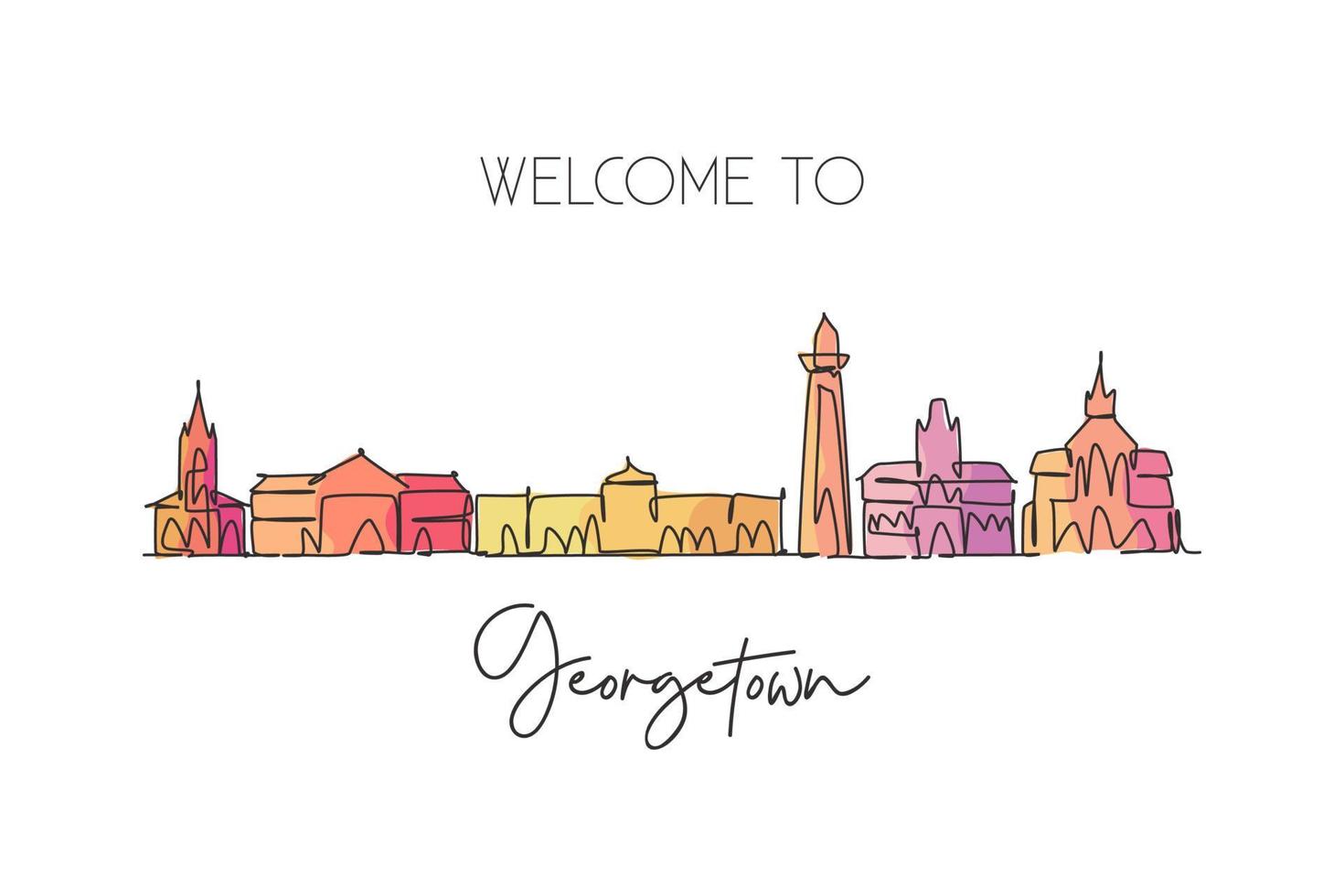 Single continuous line drawing of Georgetown skyline, Guyana. Famous city scraper landscape postcard. World travel destination concept. Editable stroke modern one line draw design vector illustration