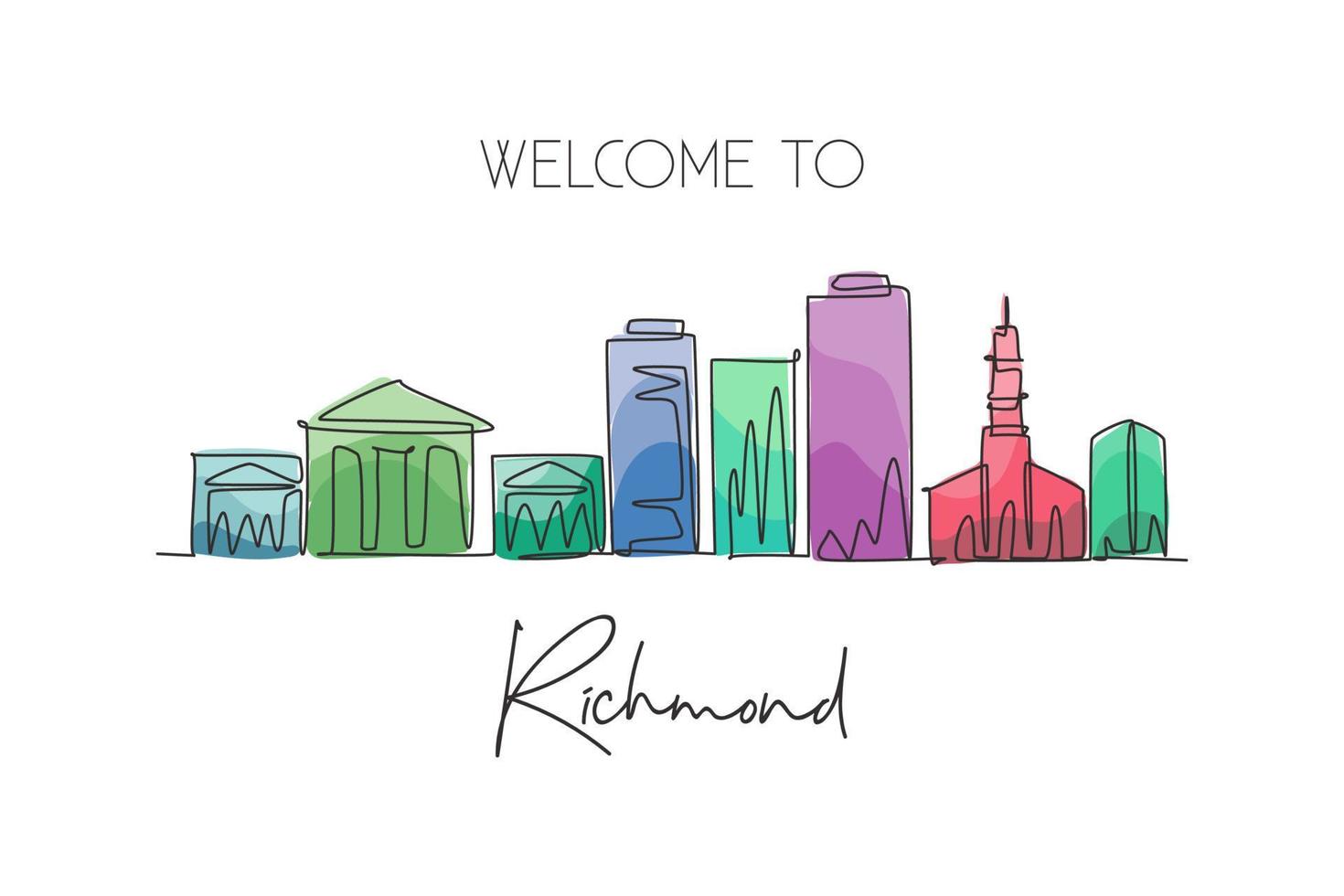 One single line drawing of Richmond city skyline, Virginia. Historical town landscape in the world. Best holiday destination. Editable stroke trendy continuous line draw design vector illustration