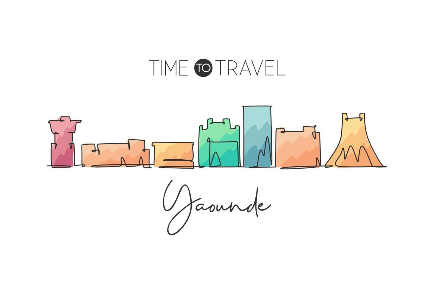 One continuous line drawing of Yaounde city skyline, Cameroon. Beautiful landmark. World landscape tourism travel postcard print. Editable stylish stroke single line draw design vector illustration