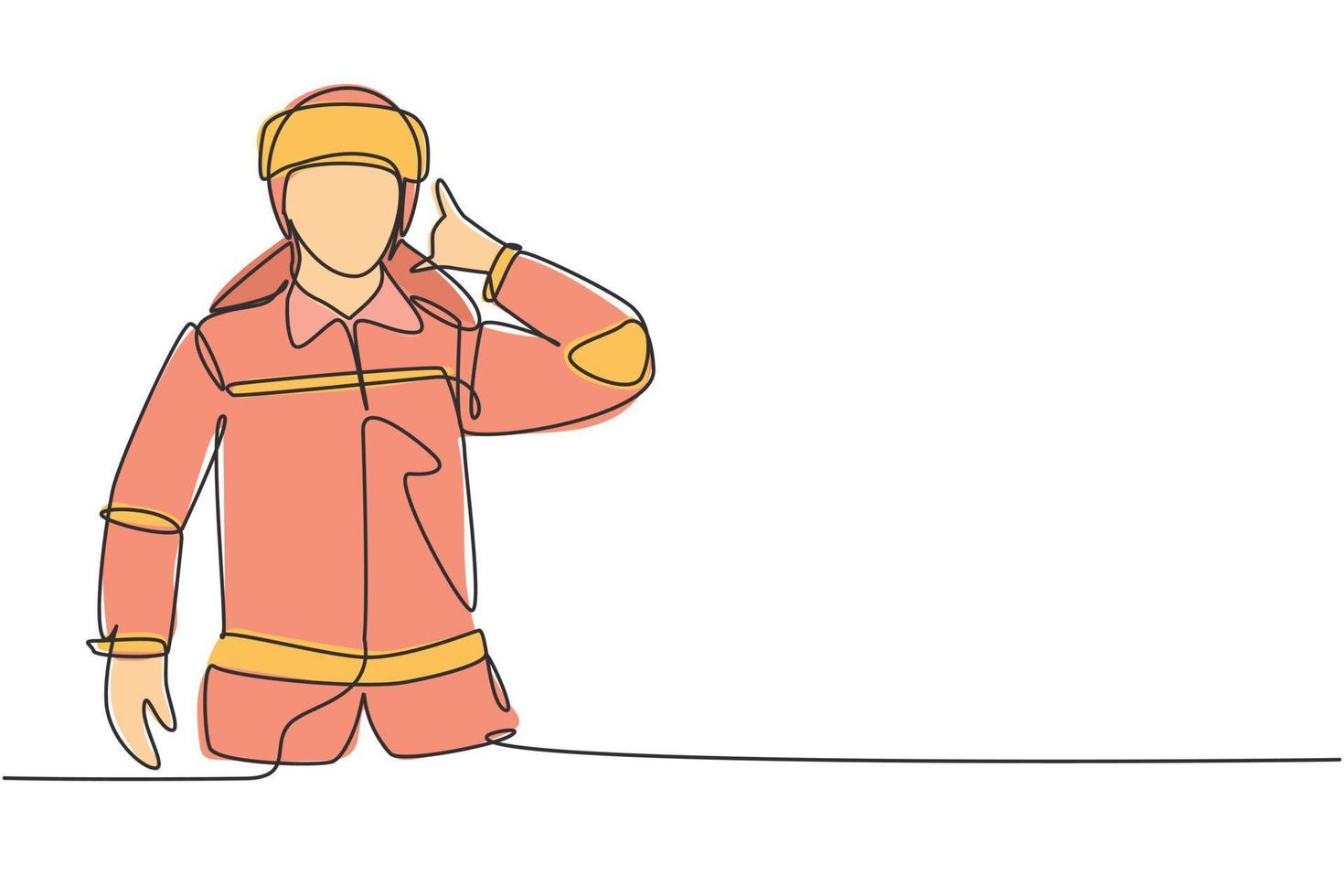 Single one line drawing firefighters with uniform, call me gesture and wearing helmet prepare to put out the fire that burned building. Modern continuous line draw design graphic vector illustration