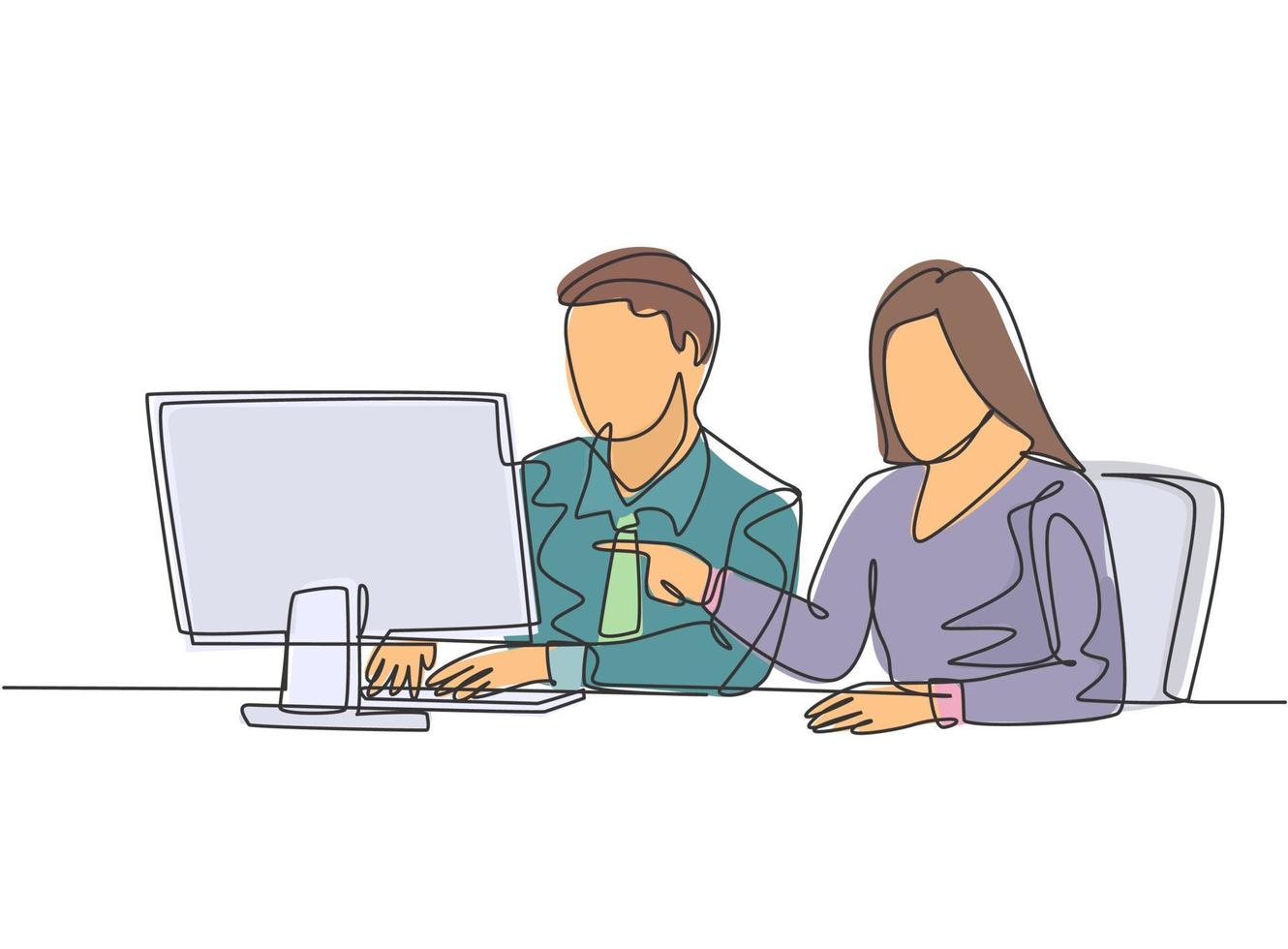 Single continuous line drawing of two young serious male and female worker watching sales chart on computer screen. Sales growth business concept one line draw design graphic vector illustration