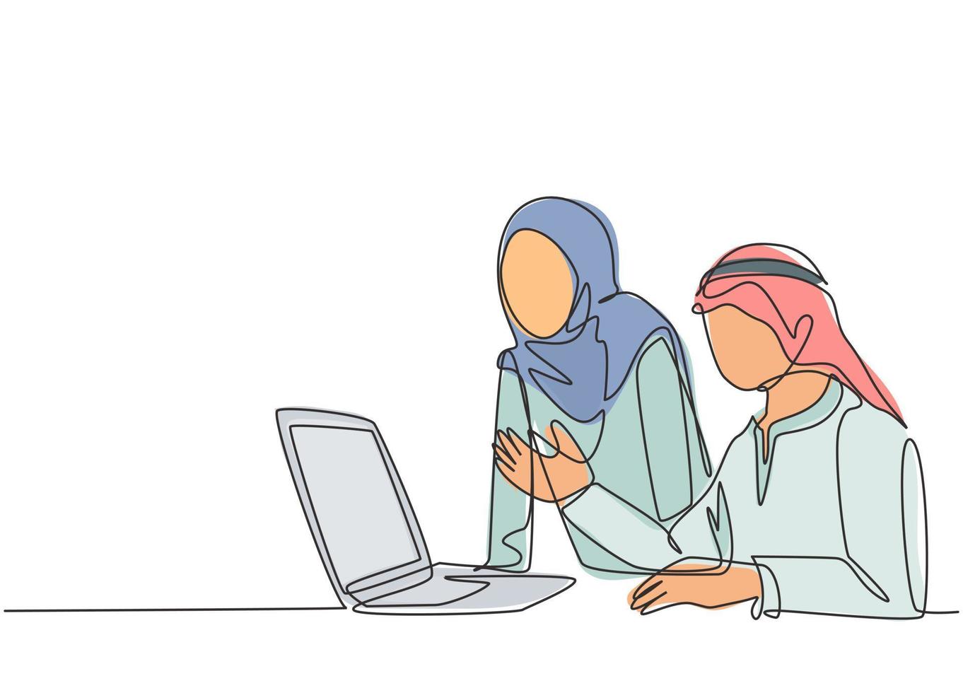 un dibujo de línea continua de una pareja de jóvenes musulmanes discutiendo una propuesta comercial para un posible inversor. ropa islámica kandura, bufanda, hijab. Ilustración de vector de diseño de dibujo de una sola línea