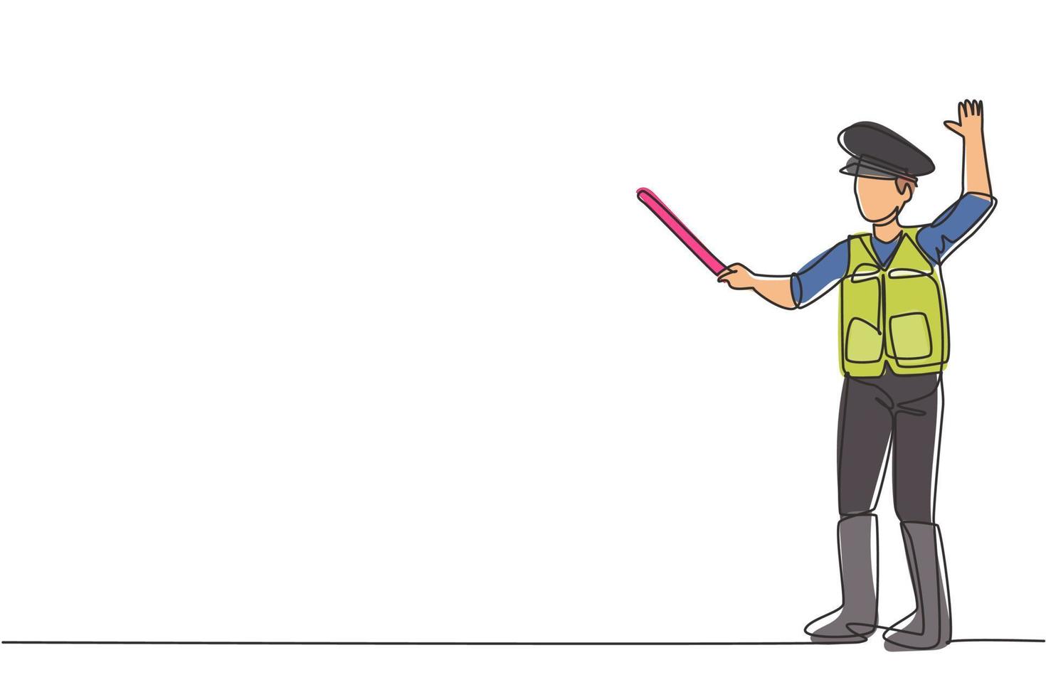 Un solo dibujo de una línea de un policía en uniforme completo y usando un bastón corto está controlando el vehículo en una carretera muy transitada. una vida en la ciudad. Ilustración de vector gráfico de diseño de dibujo de línea continua