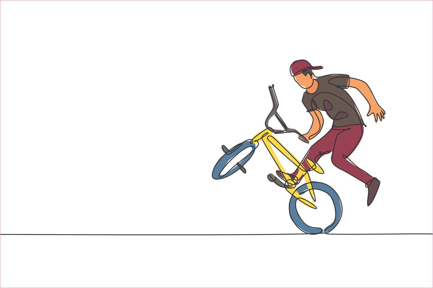 One single line drawing of young bmx bicycle rider performing freestyle trick on street vector illustration. Extreme sport concept. Modern continuous line draw design for freestyle competition banner