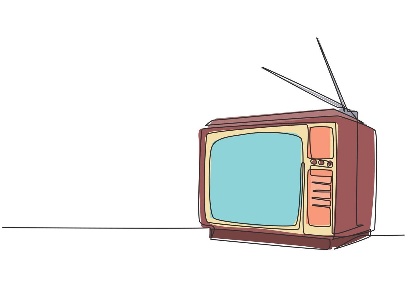One continuous line drawing of retro old fashioned tv with wooden case and internal antenna. Classic vintage analog television concept single line draw design vector graphic illustration