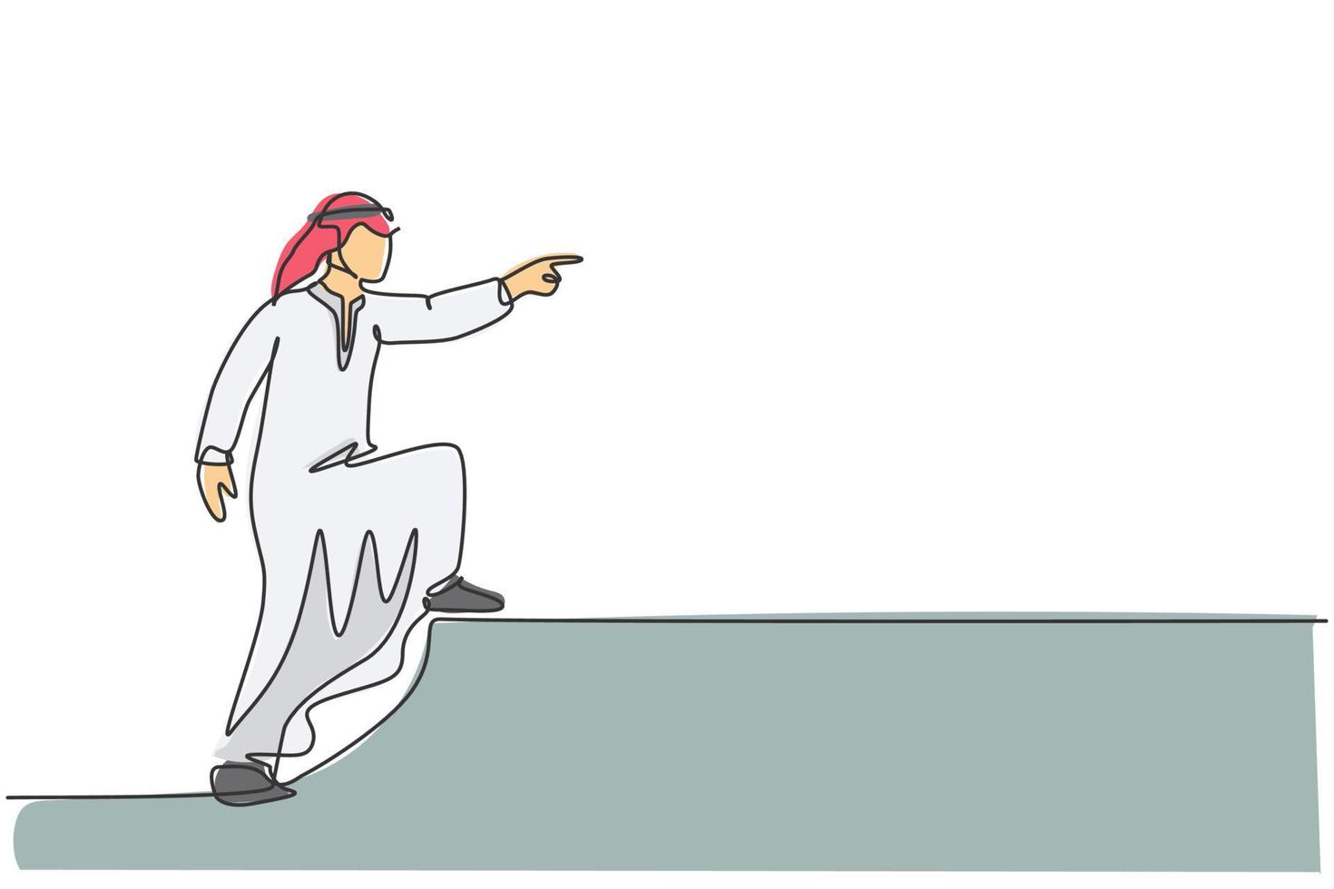 Continuous one line drawing young Arab businessman pointing finger to focus on business target. Success business vision minimalist concept. Trendy single line draw design vector graphic illustration