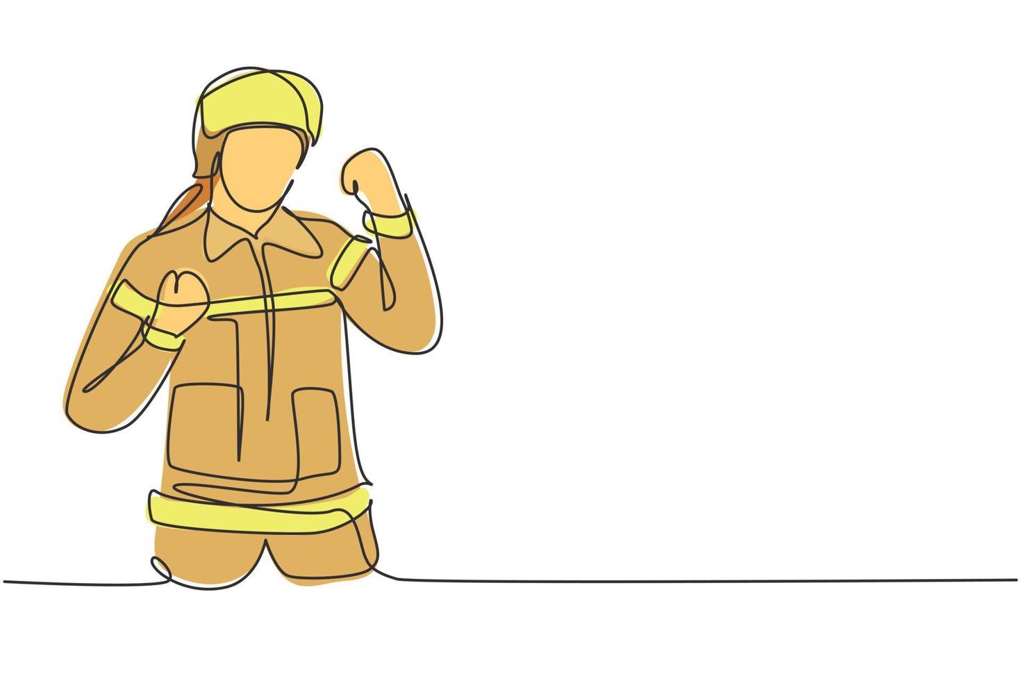 Single continuous line drawing firefighters with celebrate gesture, full uniform, and wearing helmet prepare to put out the fire that burned building. One line draw graphic design vector illustration
