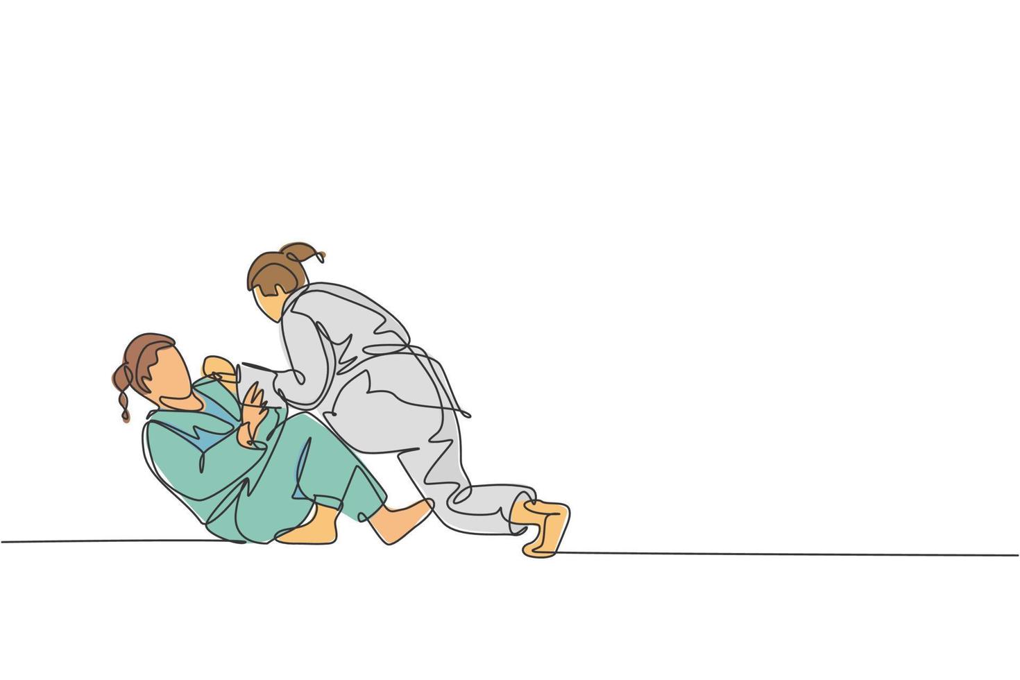 un dibujo de una sola línea de dos jóvenes luchadoras de judoka enérgicas luchan en el gráfico de ilustración vectorial del centro de gimnasia. concepto de competición deportiva de artes marciales. diseño moderno de dibujo de línea continua vector