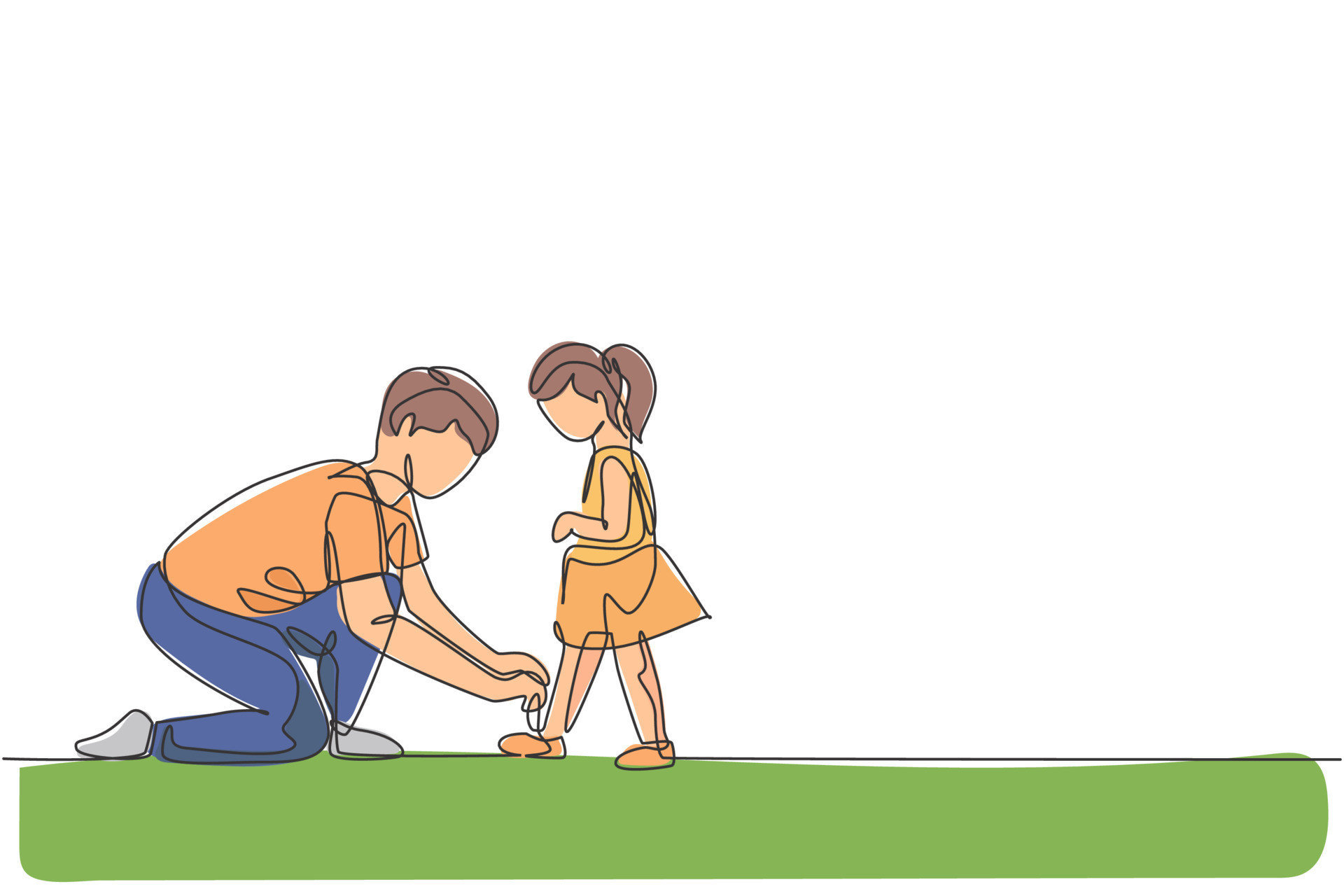 One single line drawing of young dad tying her daughter shoelaces