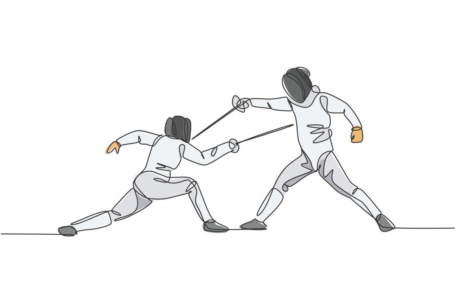 One single line drawing of two young men fencer athlete in fencing costume exercise motion on sport arena vector illustration. Combative and fighting sport concept. Modern continuous line draw design