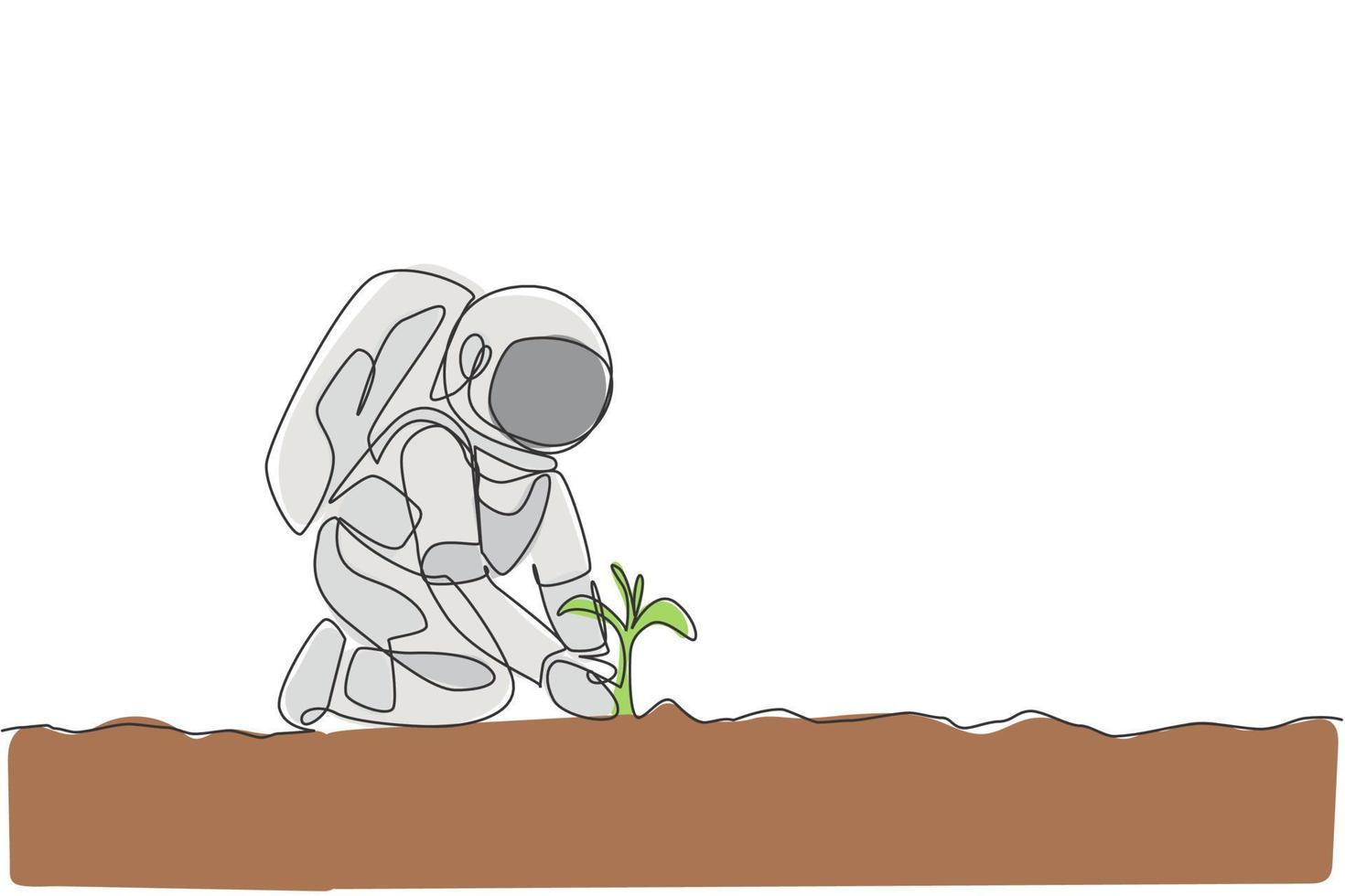 One continuous line drawing of spaceman planting new species tree seed carefully in moon surface. Deep space farming astronaut concept. Dynamic single line draw design vector graphic illustration