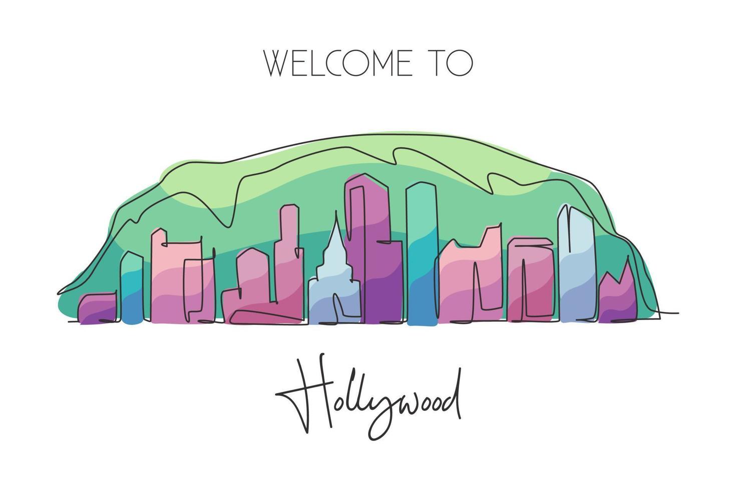 One continuous line drawing of Hollywood city skyline, Los Angeles. Beautiful landmark. World landscape tourism travel home wall decor poster print. Stylish single line draw design vector illustration