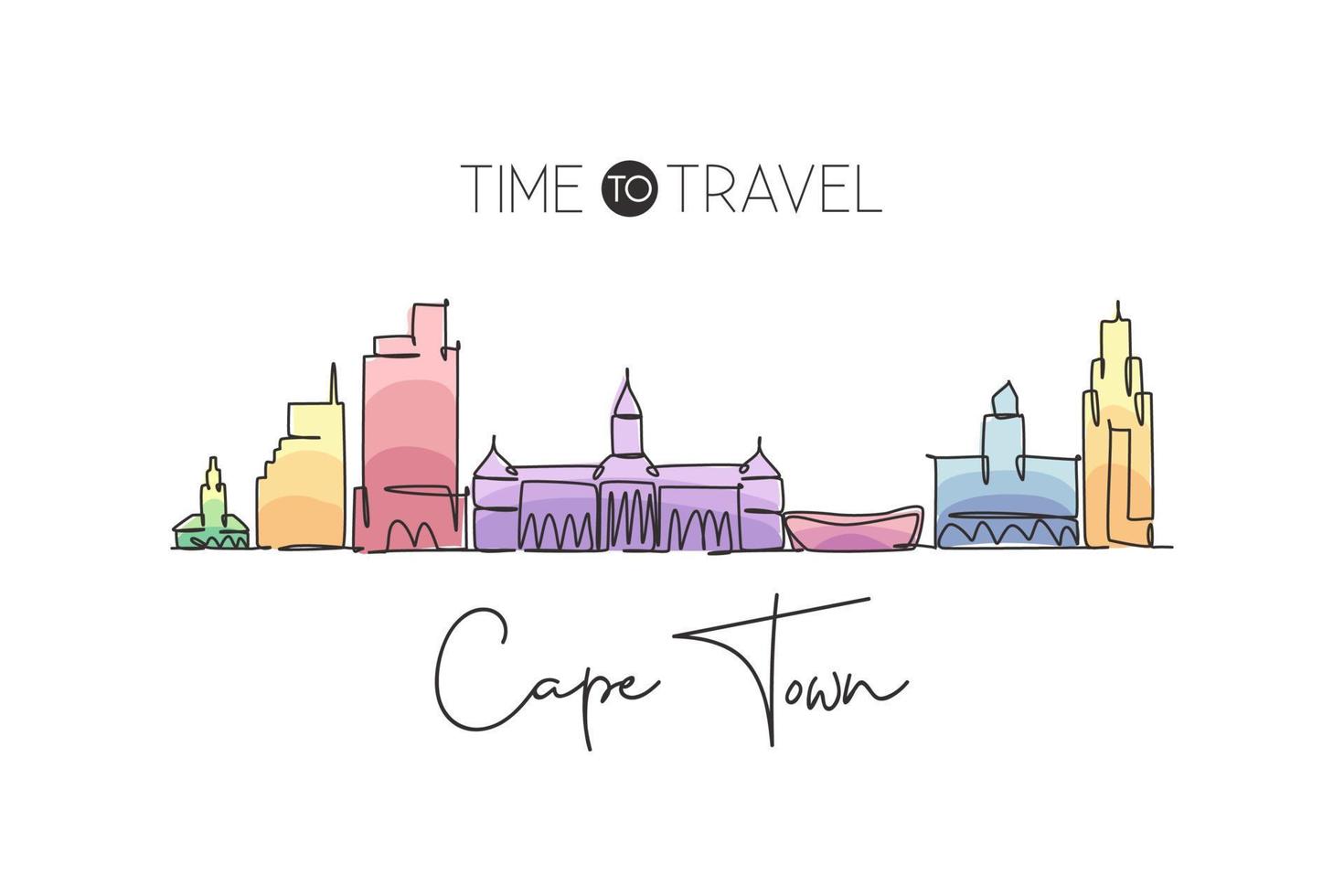 One single line drawing of Cape Town city skyline, South Africa. World historical town landscape. Best holiday destination postcard print art. Trendy continuous line draw design vector illustration